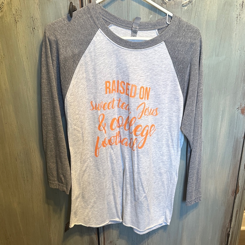 Gray and White Raglan Tee with Orange Print